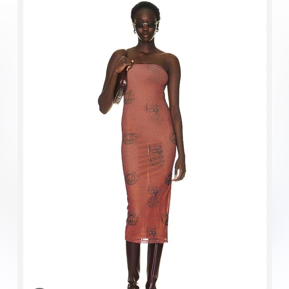 LILA ATLAS PRINT STRAPLESS MESH MIDI DRESS - Picture 2 of 8